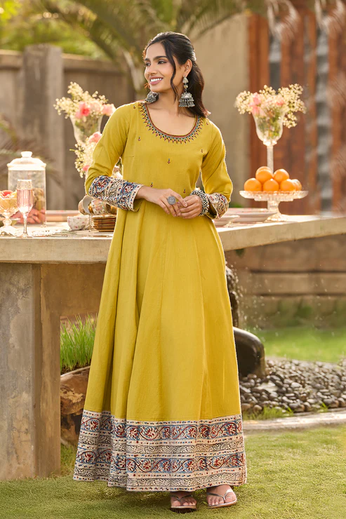 Embroidered Mustard Full Sleeve Anarkali with Kalamkari Details